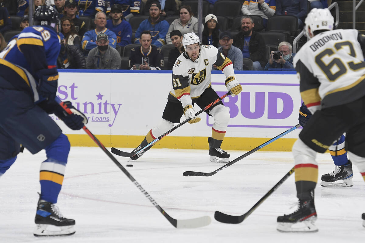 Vegas Golden Knights right wing Mark Stone (61) handles the puck during the third period of the ...