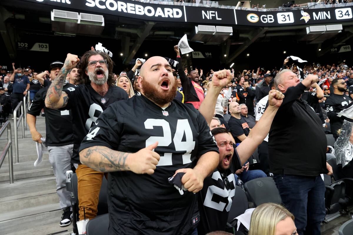 Raiders fans, including Adrian Savastano of Villa Park, Calif. cheer a stopped third down in th ...