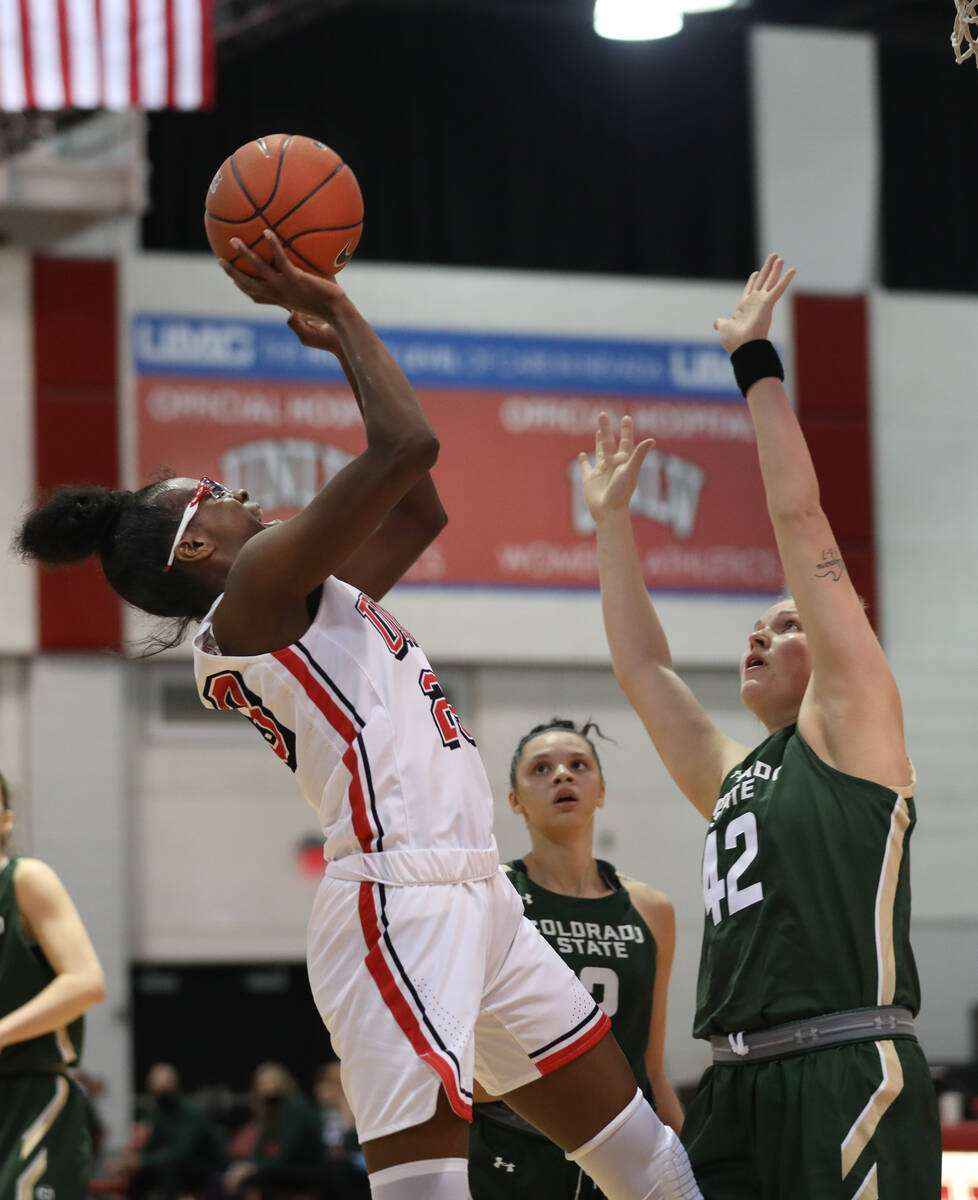 UNLV Lady Rebels forward Desi-Rae Young (23) takes a shot during a game against Colorado State ...