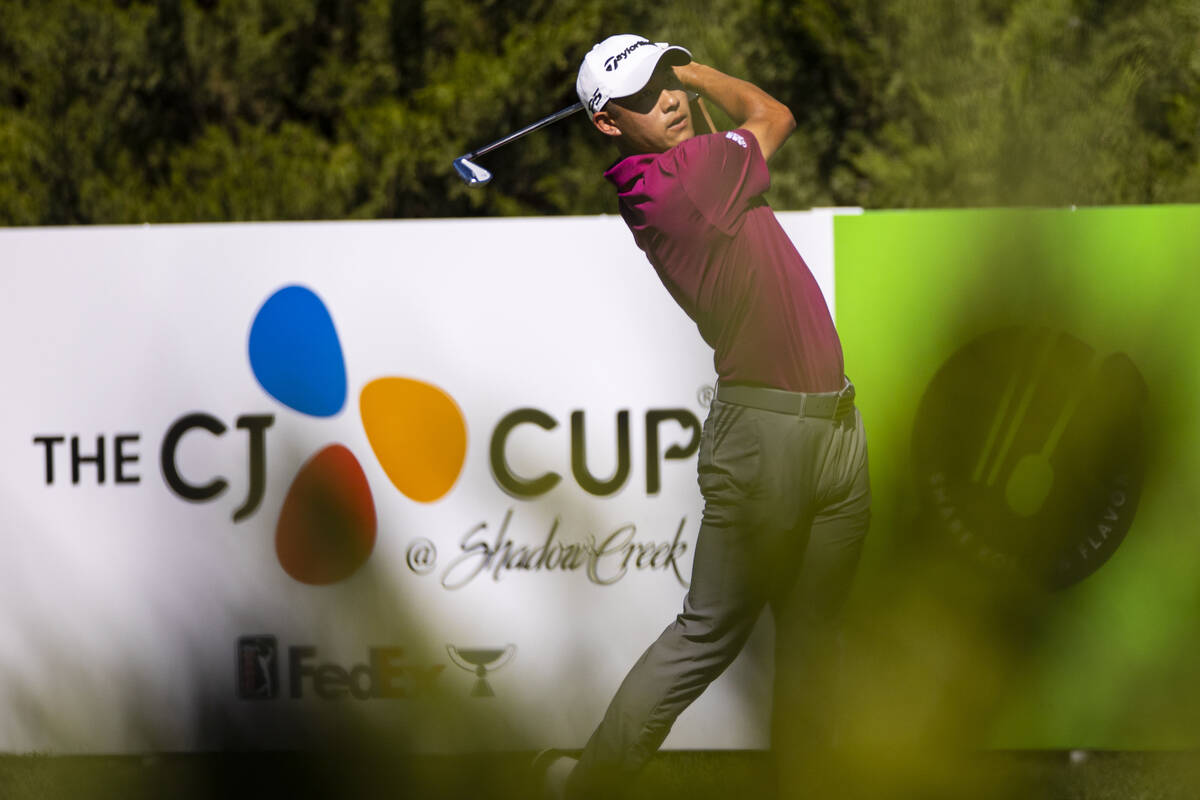 Collin Morikawa tees off at the fifth hole during the third round of the CJ Cup at the Shadow C ...