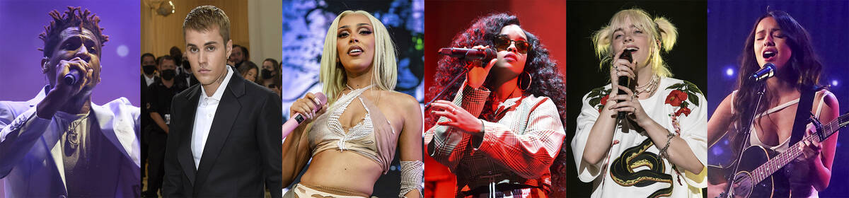This combination of photos shows the top nominees for the upcoming Grammy Awards, from left, Jo ...