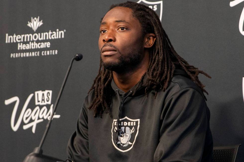 Raiders outside linebacker Cory Littleton takes questions during a news conference at Raiders h ...