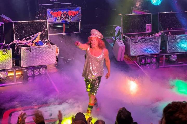 Carrot Top performs during his 16th anniversary show at the Luxor on Monday, Nov. 22, 2021. (Jo ...