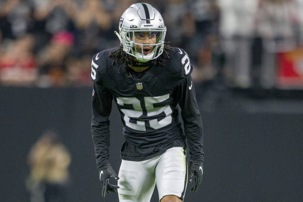 Raiders free safety Trevon Moehrig (25) on the field before an NFL football game against the Ka ...
