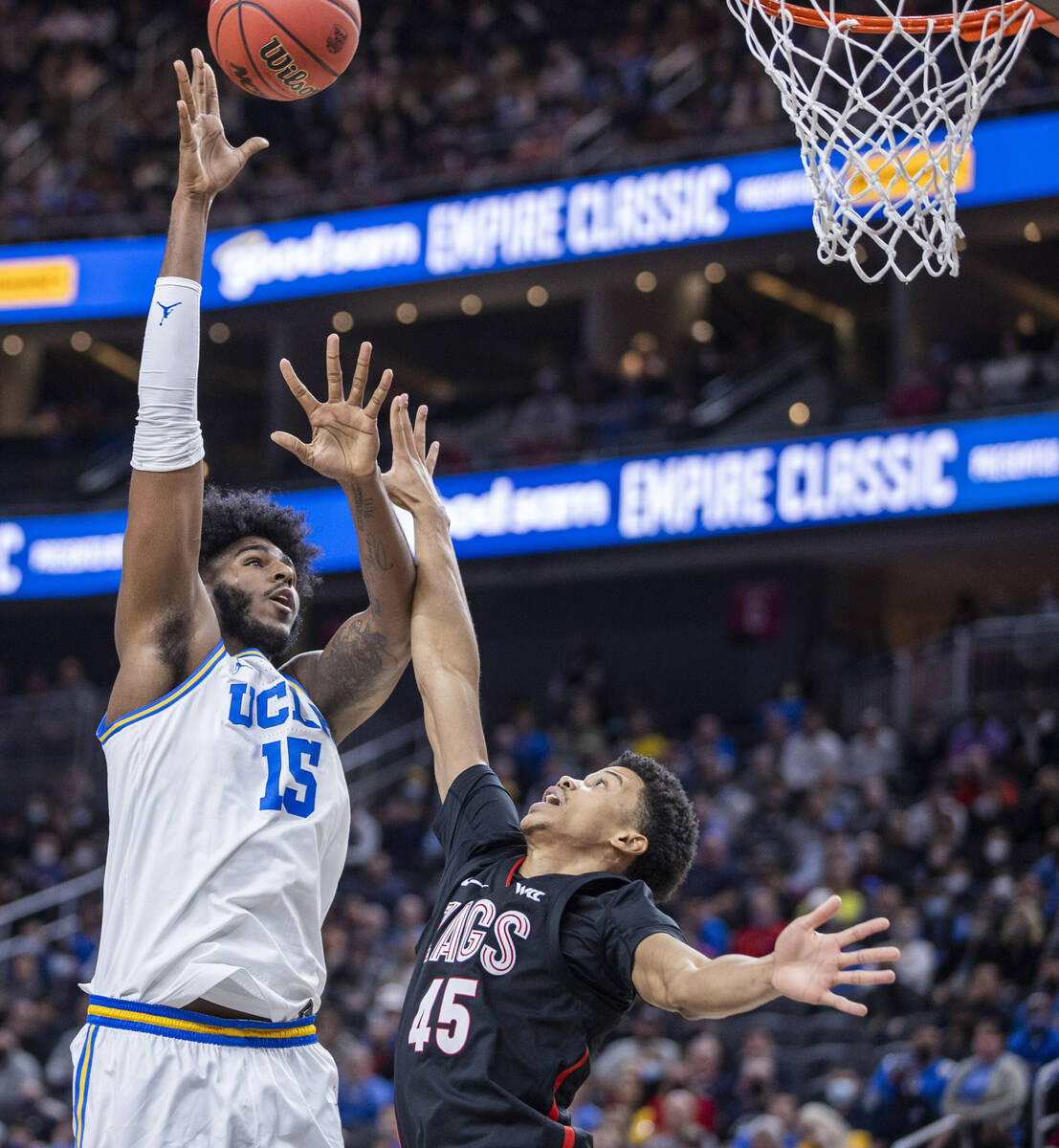 UCLA center Myles Johnson (15) shoots over Gonzaga guard Rasir Bolton (45) during the first hal ...