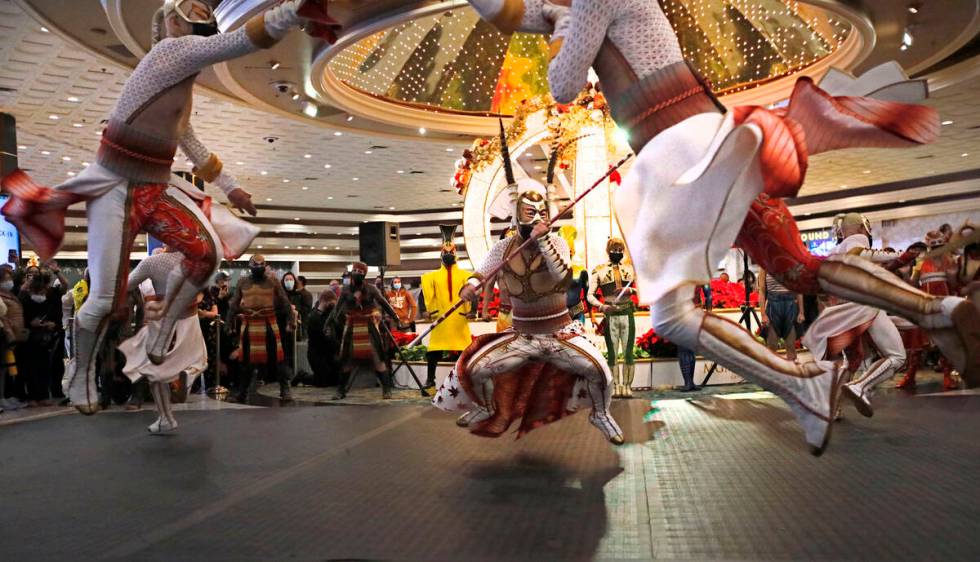 Cirque Du Soleil's KÀ artists perform battle scenes during a pop-up performance in the lob ...