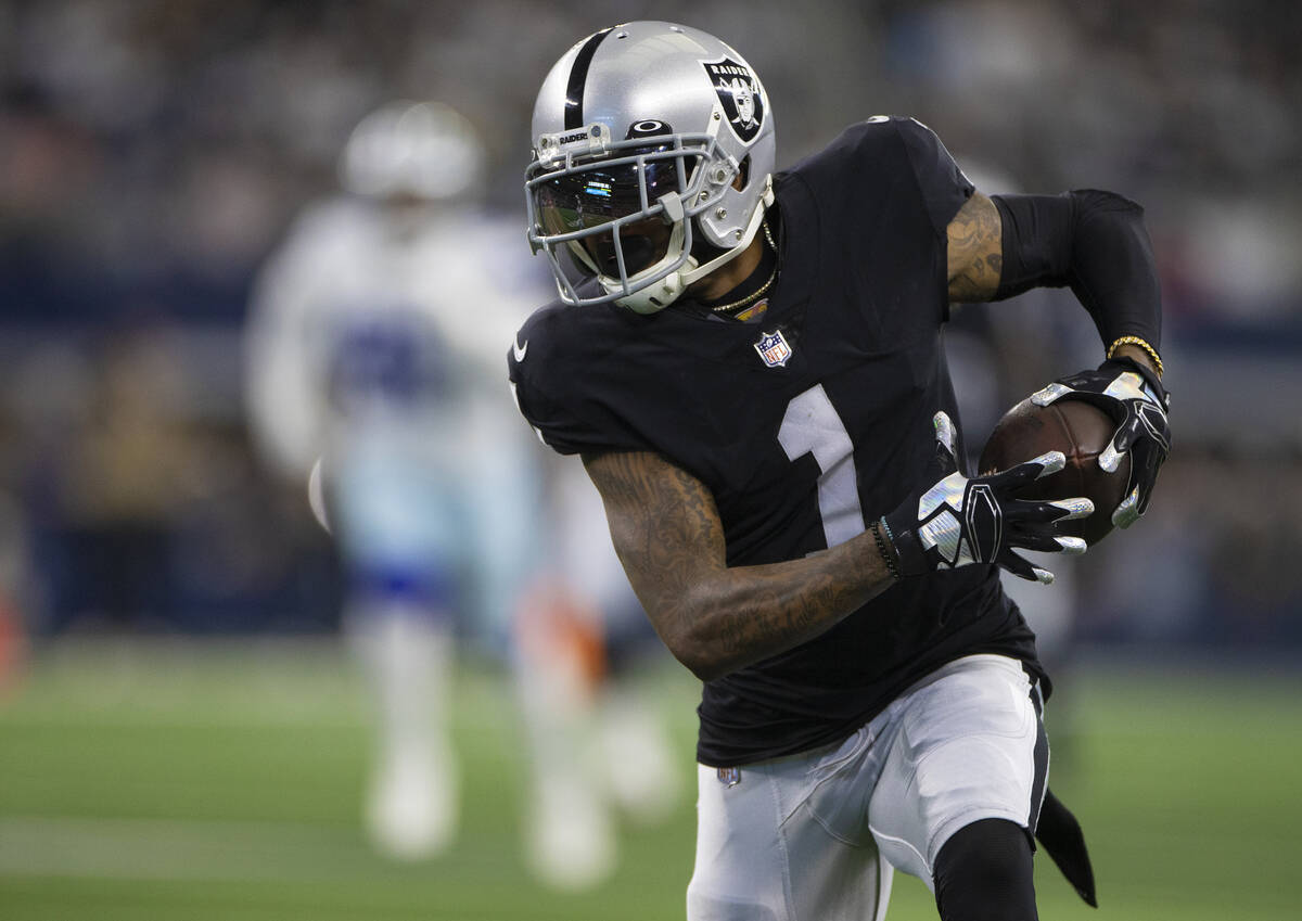 Raiders wide receiver DeSean Jackson (1) streaks down the sideline for a first half touchdown r ...