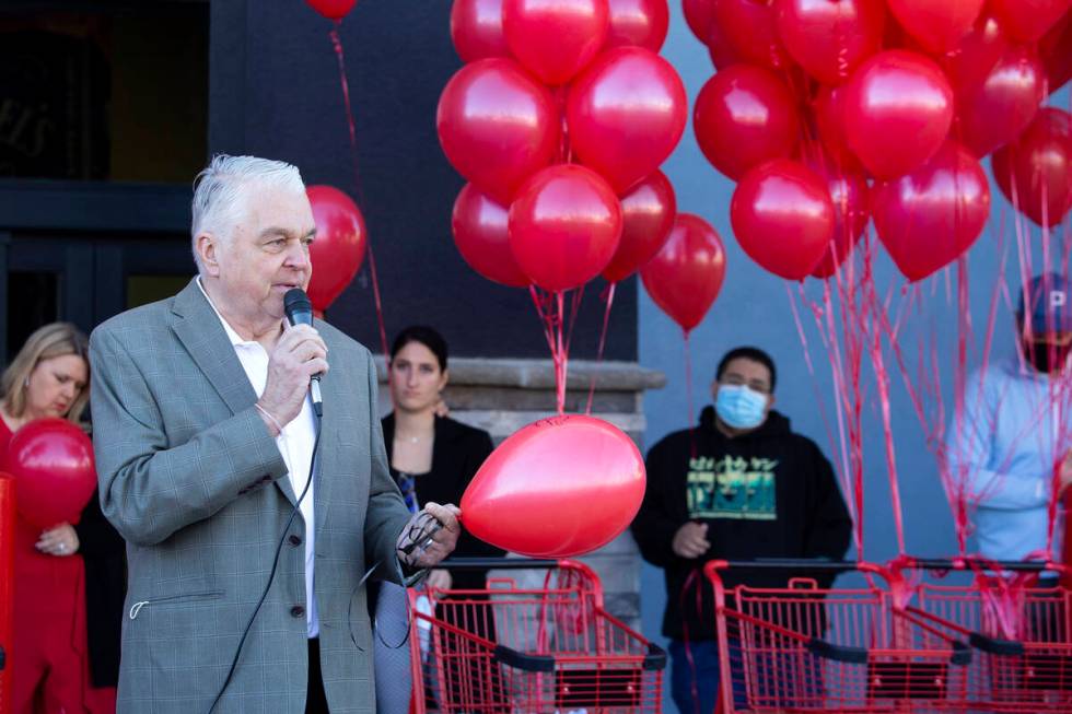 Gov. Steve Sisolak speaks during a vigil to the late Kenny Lee, the heir to Leeճ Discount ...