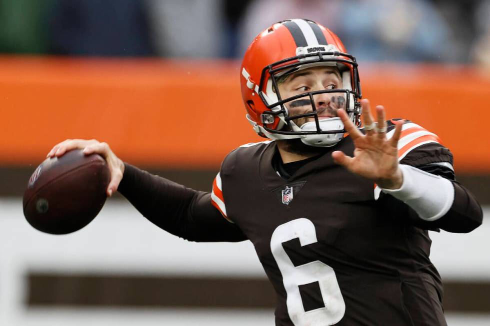 Cleveland Browns quarterback Baker Mayfield throws during the second half of an NFL football ga ...