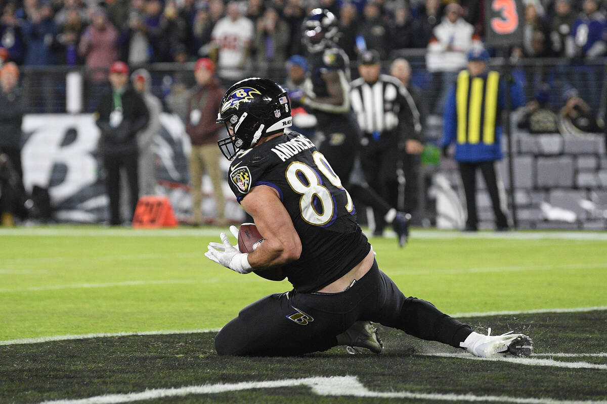 Baltimore Ravens tight end Mark Andrews catches a touchdown pass from quarterback Lamar Jackson ...