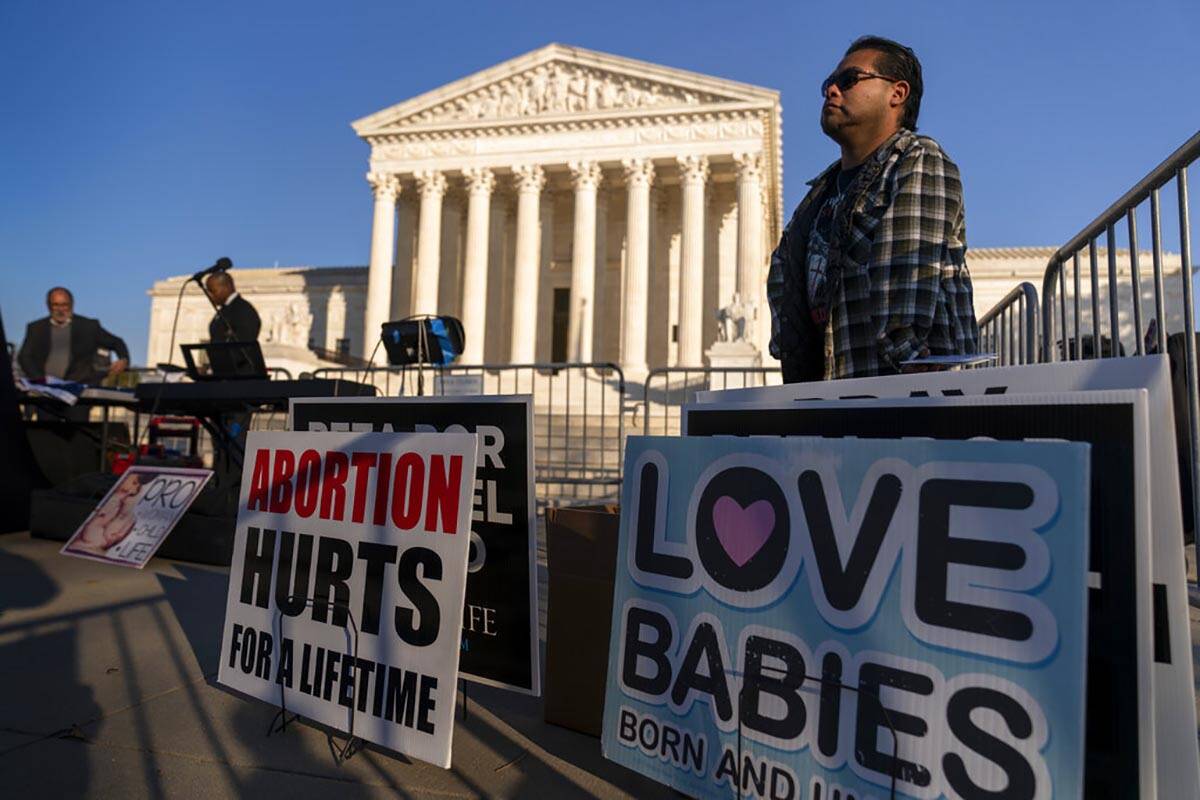 People gather at an anti-abortion rally outside of the Supreme Court in Washington, Tuesday, No ...