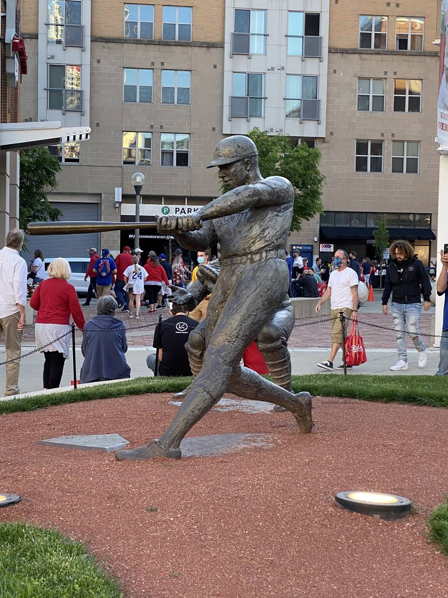 A statue of Frank Robinson is shown at Great American Ballpark in Cincinnati on May 1, 2021. (J ...