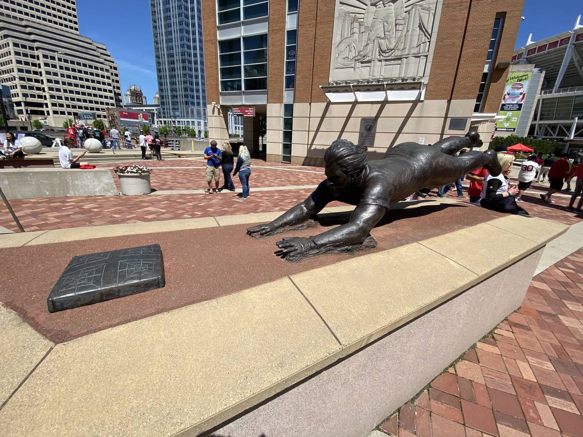 A statue of Pete Rose is shown outside Great American Ballpark in Cincinnati on May 1, 2021. (J ...