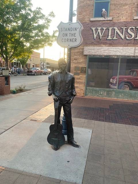 A statue of what is purported to be "Take It Easy" co-writer and rock icon Jackson Browne is sh ...