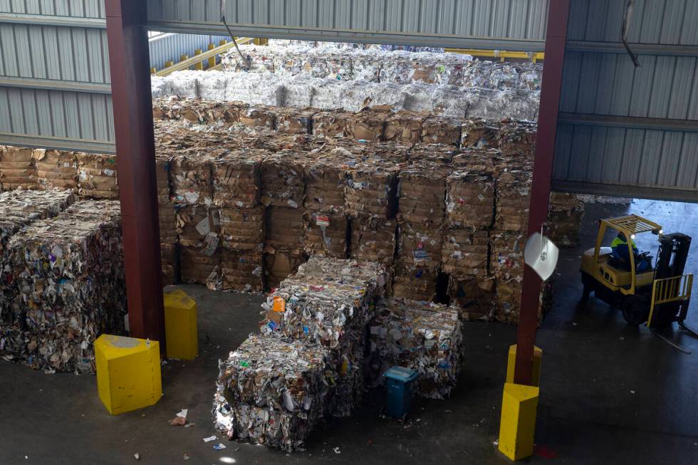 Materials are baled for recycling at Republic Services on Friday, Oct. 22, 2021, in North Las V ...