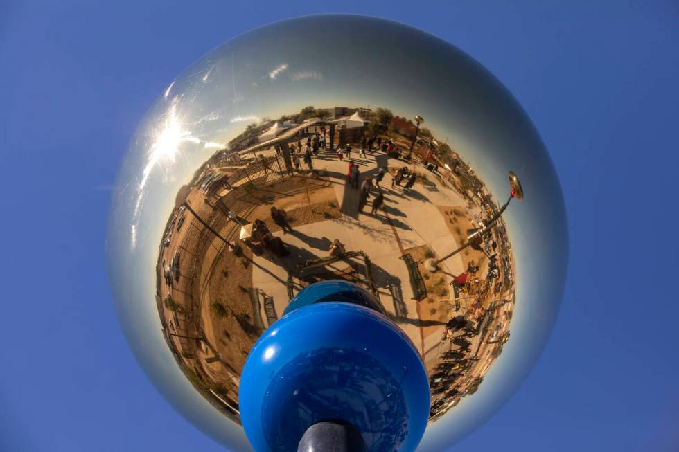 Ornamental orbs are part of the new Historic Westside Legacy Park on Saturday, Dec. 4, 2021, in ...