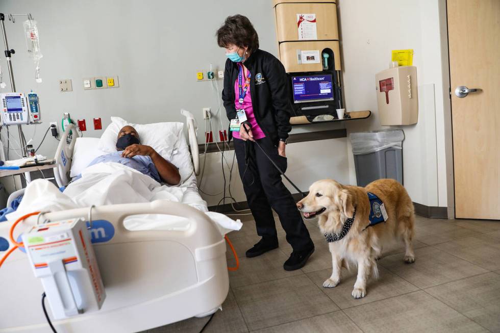 Jennifer Pollock, a volunteer with Lutheran Church Charities Comfort Dogs, holds Lois as she sp ...