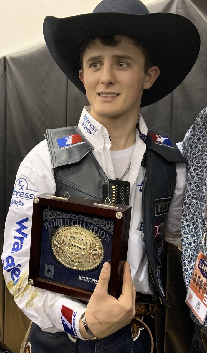 Stetson Wright displays his first all-around world champion gold buckle, at the 2019 Wrangler N ...