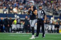 Raiders kicker Daniel Carlson (2) readies to kick a field goal during the second quarter of an ...