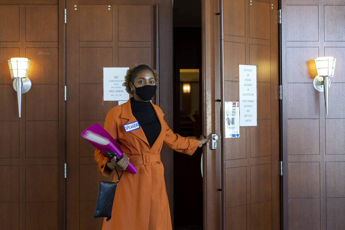 Rayven Thomas exits the court room after her ex-boyfriend, Leroy Mack, who shot her in July, wa ...