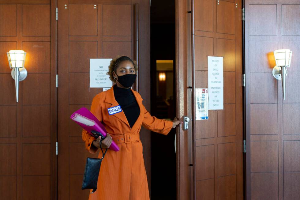 Rayven Thomas exits the court room after her ex-boyfriend, Leroy Mack, who shot her in July, wa ...