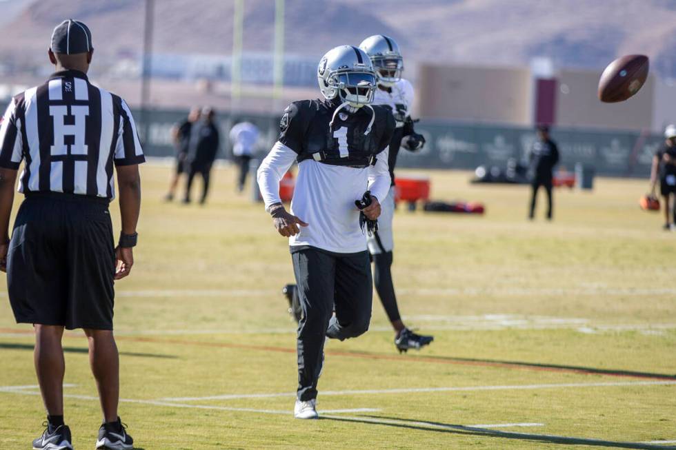 Raiders wide receiver DeSean Jackson (1) runs on the field during practice drills at Raiders he ...