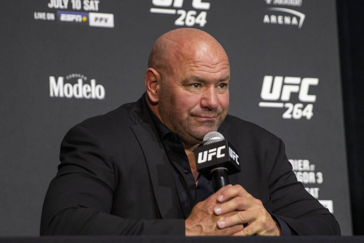 UFC president Dana White answers questions during a post-fight news conference at UFC 264 at th ...