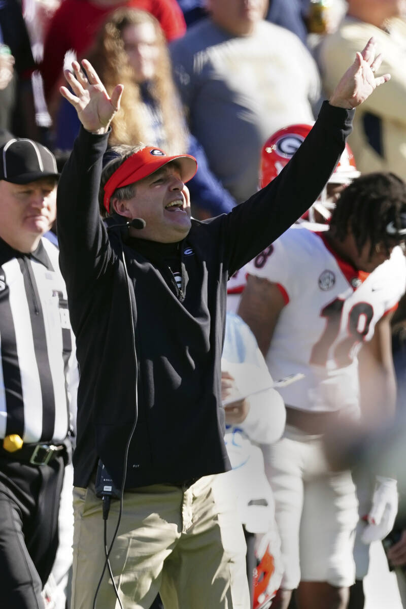 Georgia head coach Kirby Smart yells from the sideline in the second half of an NCAA college fo ...