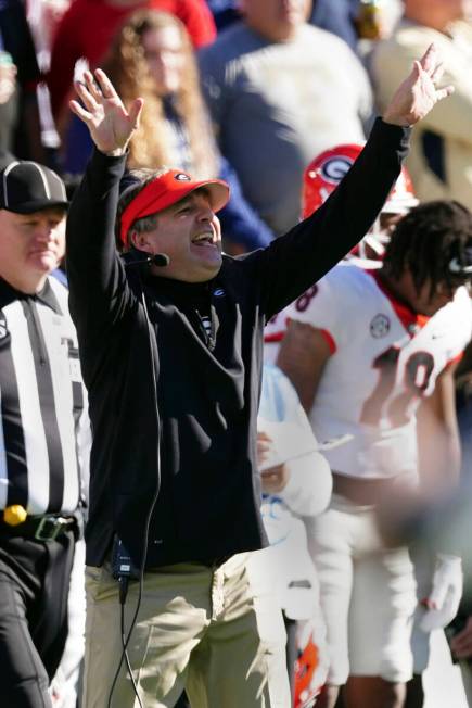 Georgia head coach Kirby Smart yells from the sideline in the second half of an NCAA college fo ...