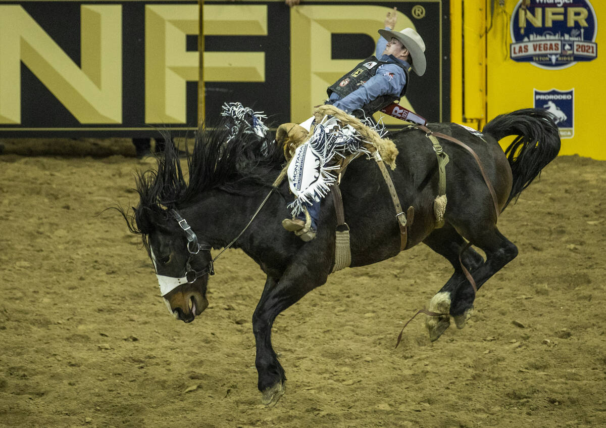 Chase Brooks of Deer Lodge, MT., rides Marquee during his Saddle Bronc Riding tie for first pla ...