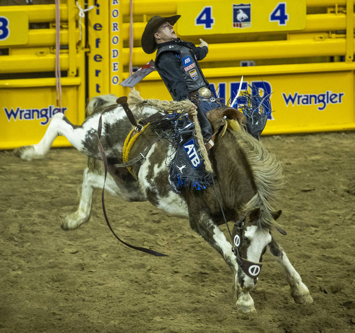 Zeke Thurston of Big Valley, AB., rides Vitlix Wyatt Earp during his Saddle Bronc Riding tie f ...