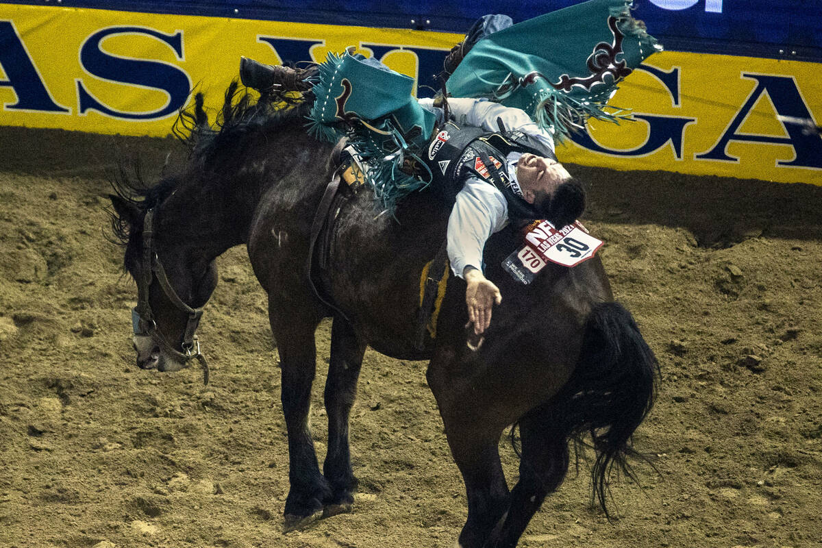 Bareback Rider Jess Pope of Waverly, KS., rides Night Crawler for a first place score during th ...