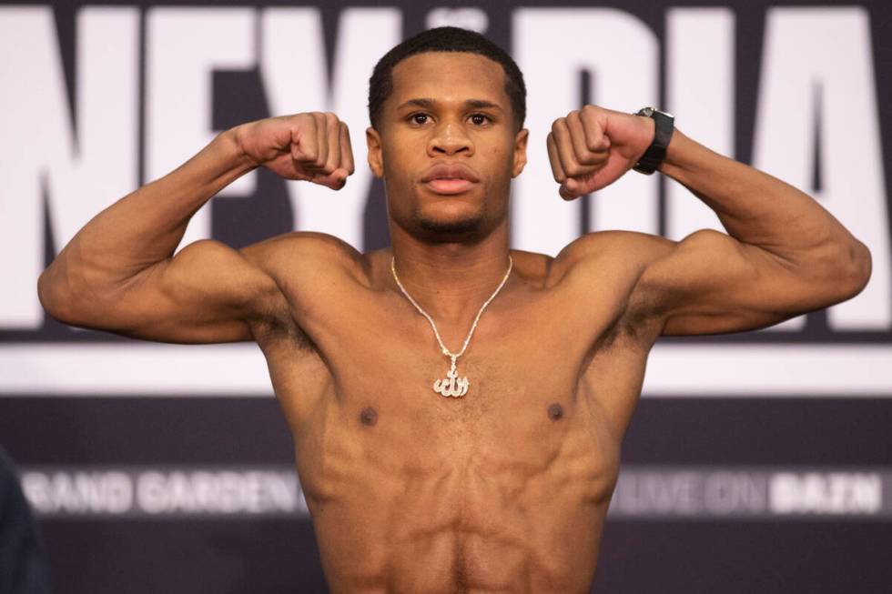 Devin Haney poses during a weigh-in event at the MGM Grand Garden Arena in Las Vegas, Friday, D ...