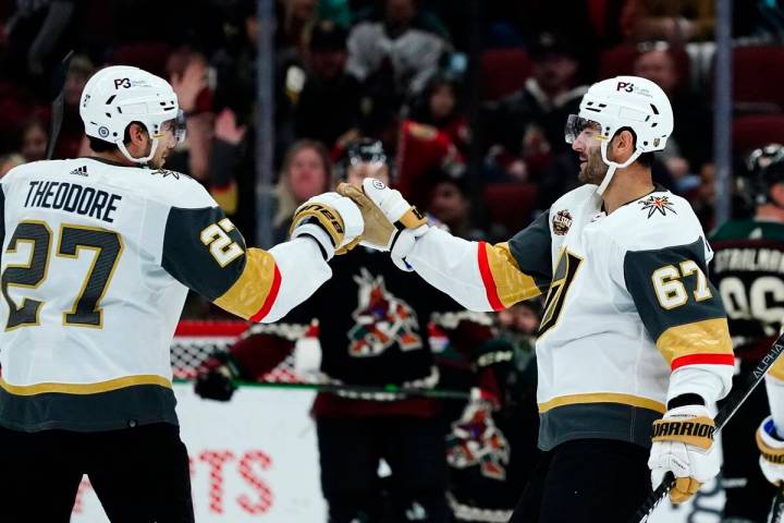 Vegas Golden Knights left wing Max Pacioretty (67) celebrates his goal against the Arizona Coyo ...