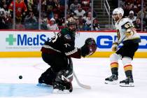 Vegas Golden Knights left wing Max Pacioretty (67) scores a goal against Arizona Coyotes goalte ...