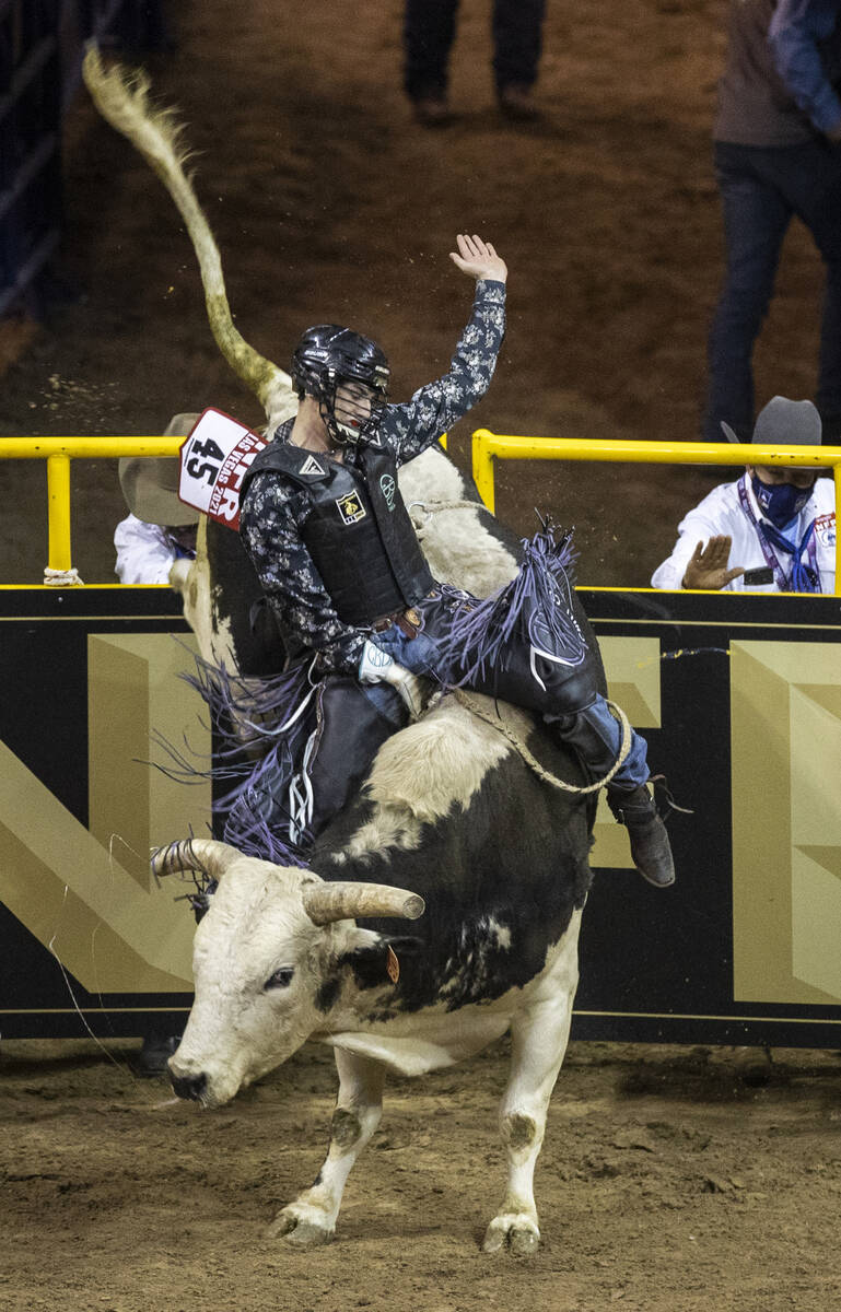 Creek young of Rpgersville, Missouri, stays atop of After All for first place in Bull Riding du ...