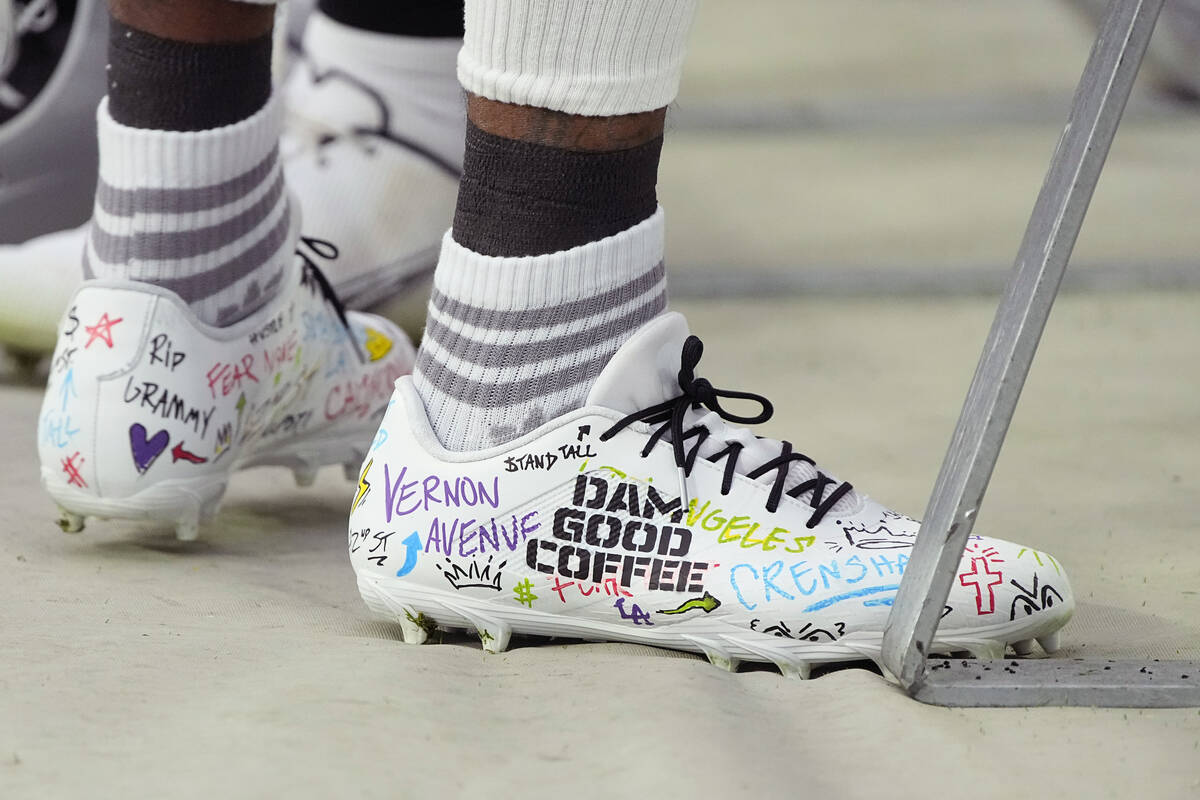 Las Vegas Raiders wide receiver DeSean Jackson (1) wears My Cause My Cleats shoes before an NFL ...
