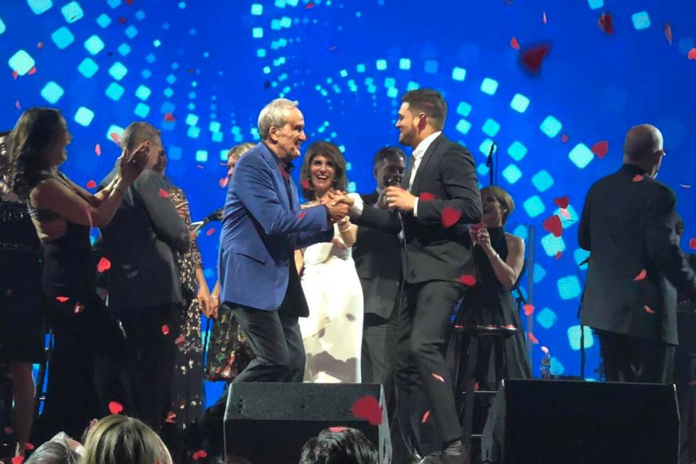 Michael Buble is show with Larry and Camille Ruvo at 22nd Keep Memory Alive Power of Love gala ...