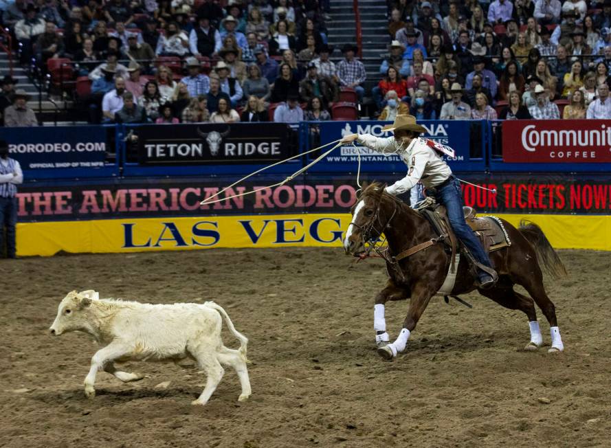 Ty Harris of San Angelo, Texas, eyes his animal in Tie-Down Roping during the fourth round of t ...