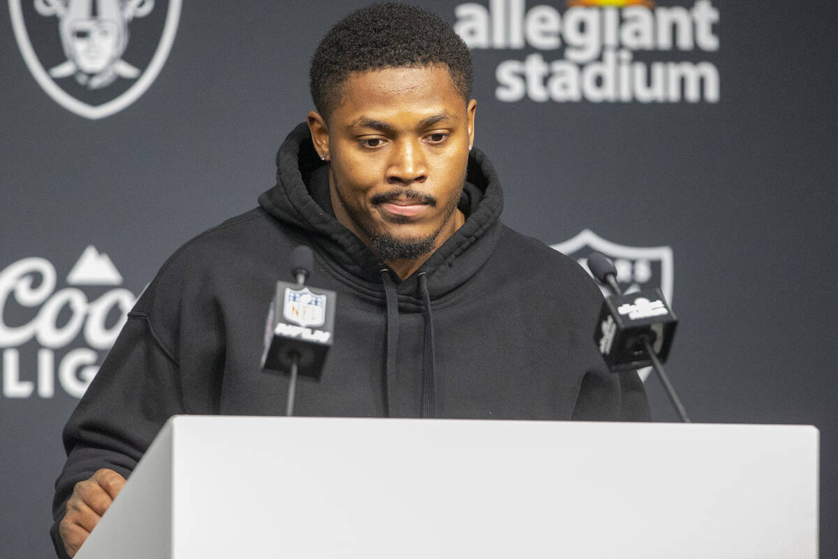 Raiders running back Josh Jacobs reacts to media questions during the post game press conferenc ...