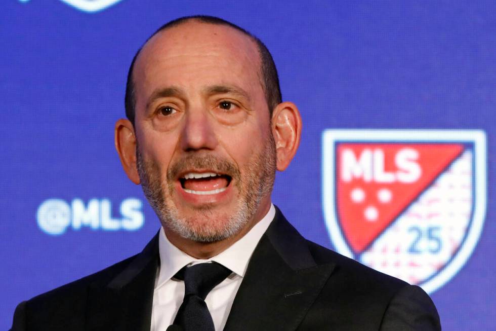 In this Feb. 26, 2020, file photo, Major League Soccer Commissioner Don Garber speaks during th ...