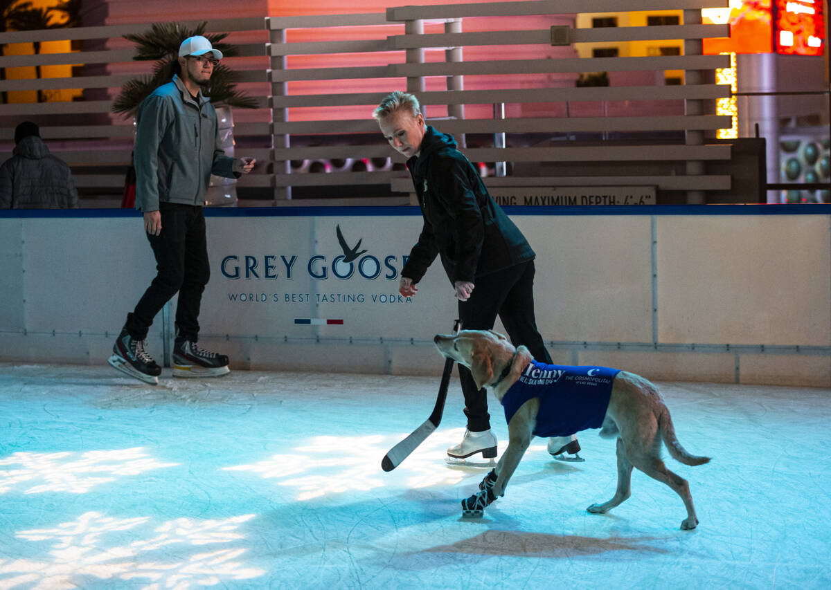 Cheryl DelSangro skates with her dog, Benny, a Labrador retriever, at the ice rink at The Cosmo ...