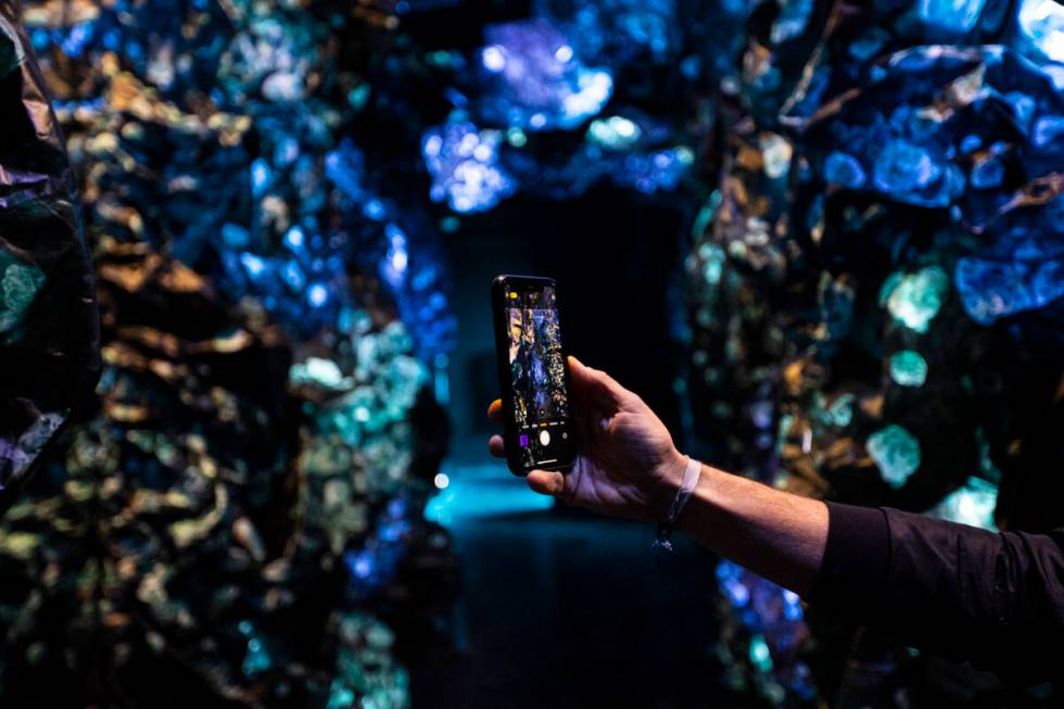 Valentino Vettori, founder of Arcadia Earth, holds a phone showing the installation by Charlott ...