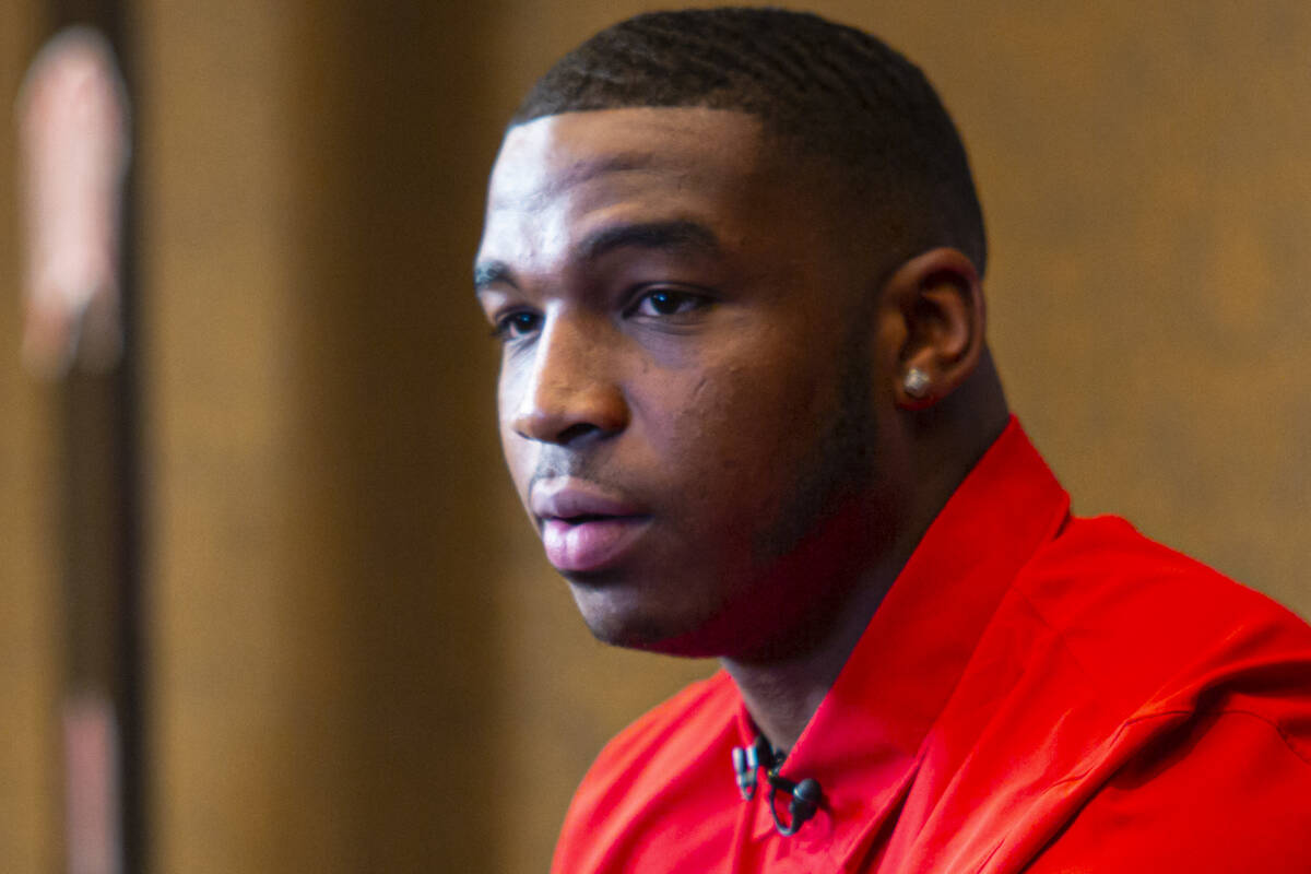 UNLV football's Jacoby Windmon responds to questions during Mountain West Conference media days ...