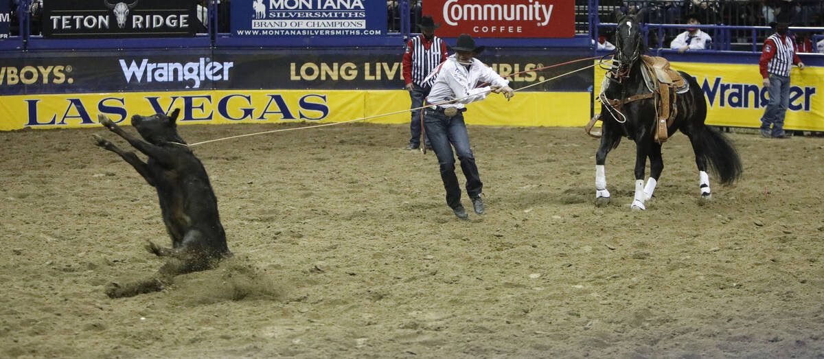 Haven Meged of Miles City, Mont. competes in the tie-down roping event during the seventh go-ro ...