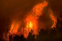 Flames erupt in trees on a nearby ridge above Caples Lake as the Caldor Fire continues to burn ...