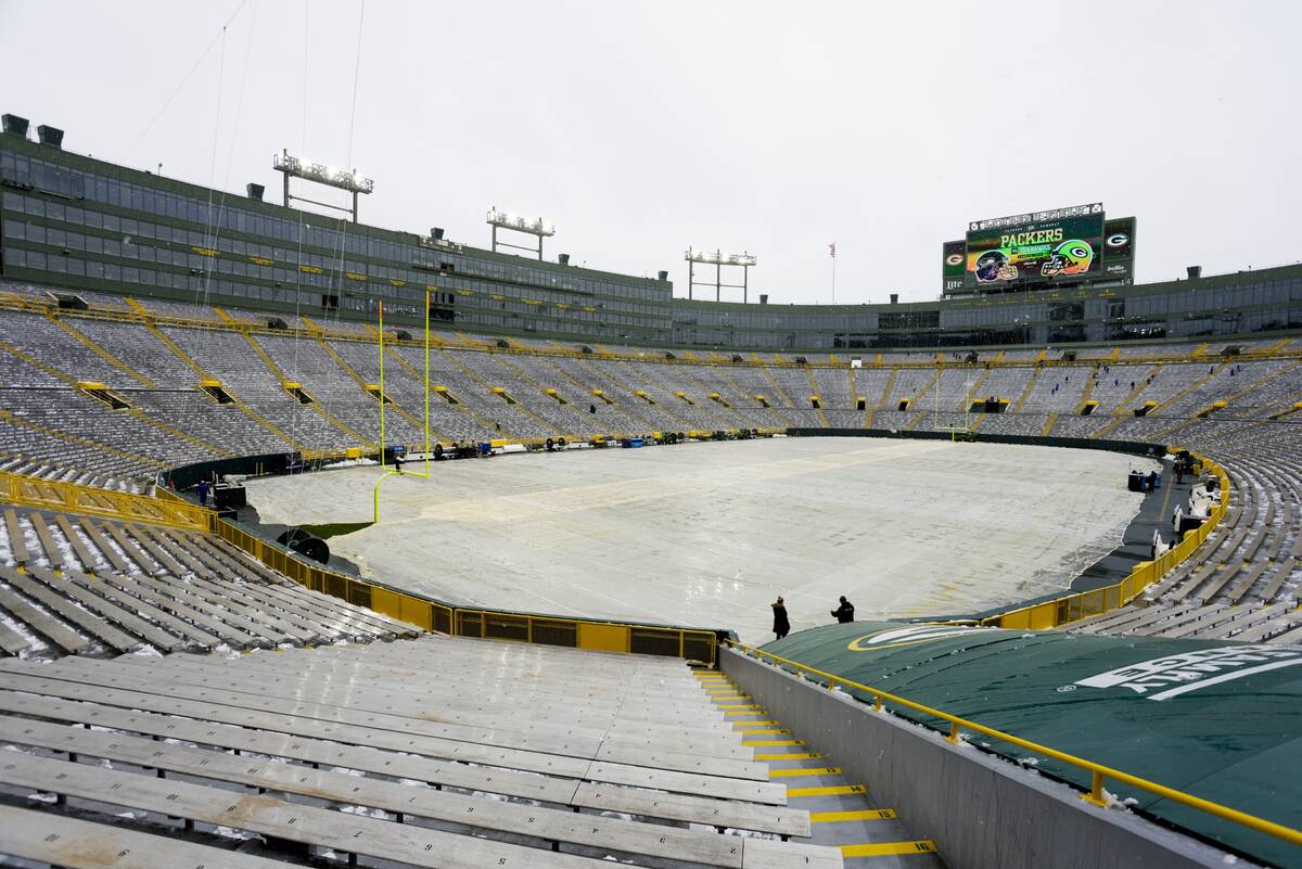 Snow is seen at Lambeau Field before an NFL football game between the Green Bay Packers and the ...