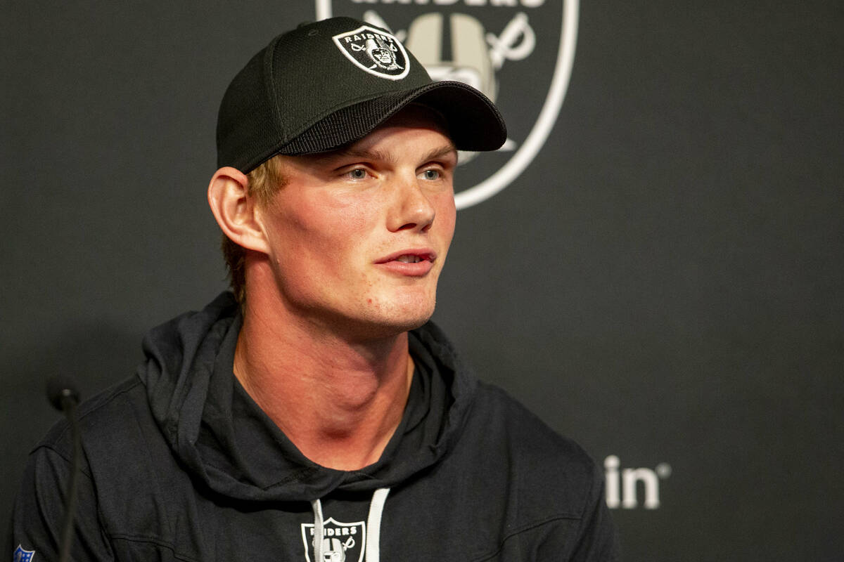 Raiders kicker Daniel Carlson speaks during a news conference at Raiders headquarters at the In ...