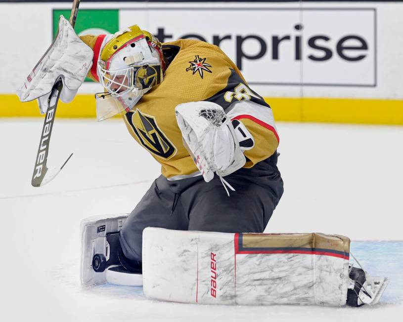 Vegas Golden Knights goaltender Laurent Brossoit (39) makes a save against the Dallas Stars dur ...