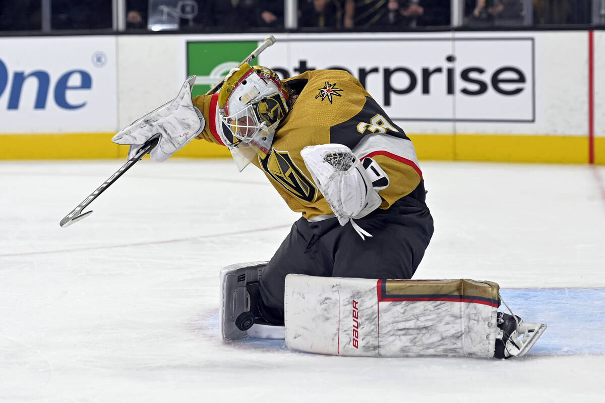 Vegas Golden Knights goaltender Laurent Brossoit (39) blocks the puck during the third period o ...